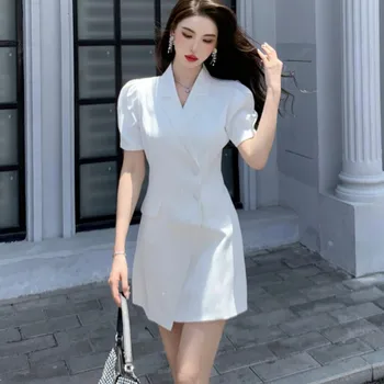 Yüksek Kaliteli Gerçek Çekim Asimetrik Kısa Kollu Zarif OL Takım Elbise Koreli kadın Yaz Beyaz siyah elbise Vestido 0