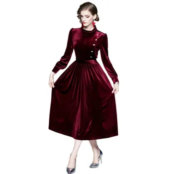 Bahar Moda Pist Kadife Pileli Midi uzun elbise Vintage Zarif Düğme Pileli Kadife Parti Elbiseler Bayan Iş Artı Boyutu