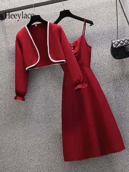 Ofis Bayanlar Zarif İki Parçalı Setleri Bayan Kıyafetler Kore Rahat Kısa Palto Ve Askılı Elbiseler İki Parçalı Set Kadın Giyim 1