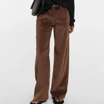 Kadın Vintage Kadife Düz uzun pantolon Yüksek Bel Rahat Kadın Pantolon
