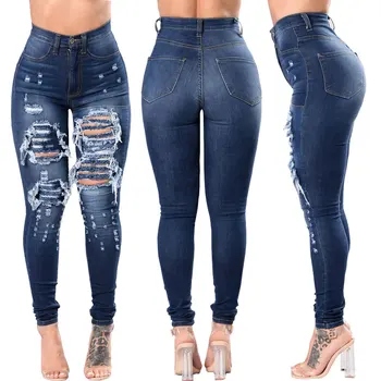 Kadın Yırtık Skinny Jeans Yüksek Bel Elastik kalem pantolon Pantolon 0