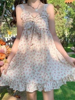 Japonya Tatlı Lolita Çiçek Mini Elbise Kadınlar Kawaii Ruffles Bandaj Kolsuz Prenses Askı Elbiseler Kızlar Yaz Casual Sundress