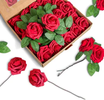 25 adet yapay çiçekler Koyu Kırmızı Güller - Gerçek Görünümlü Sahte Çiçekler DIY Düğün Dekor Töreni için Sahte Çiçek Çelenk