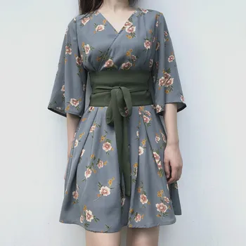 Fransız Retro Çiçek Kadın yaz elbisesi Kadın Kore Versiyonu Mizaç V Yaka Elbise 2021 Uzun Vestidos De Fiesta Elbise