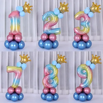 17 Adet / takım Gökkuşağı Numarası Folyo Balon X-mas Büyük Dijital Balon Taç Helyum Doğum Günü Düğün Dekorasyon Doğum Günü Partisi Malzemeleri 0