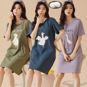 2022 Yaz Artı Boyutu Kısa Kollu Pamuklu Gecelikler Kadınlar için Kore Sevimli Karikatür Pijama gece elbisesi Gecelik Ev Nighty
