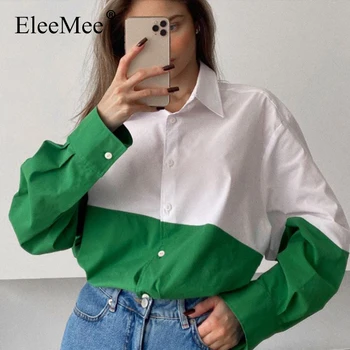 EleeMee Kadın Gömlek Karışık Renk 2022 Bahar Ins Bluzlar Patchwork Gevşek Streetwear Moda Şık Üstleri Boyutu S-L