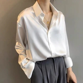 Yeni Zarif Resmi Klasik Gömlek Kadın Uzun Kollu Beyaz Taklit İpek Bluzlar Ol Pürüzsüz Saten Yaka Bahar Gömlek