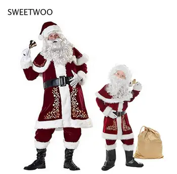 2021 Noel Noel Baba Takım Elbise Yetişkin Noel Cosplay Kostüm Kırmızı Lüks Kadife Fantezi 9 Adet Set Noel Partisi Adam Kostüm S-Xxl 2