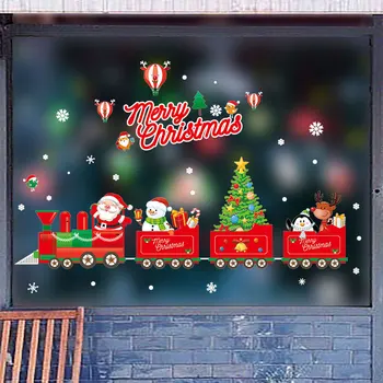100 * 70 cm Karikatür Kırmızı Tren Noel Dekorasyon Noel Baba Duvar Çıkartmaları Kardan Adam Pencere Sticker Yeni Yıl Ev Dekor Su Geçirmez 2