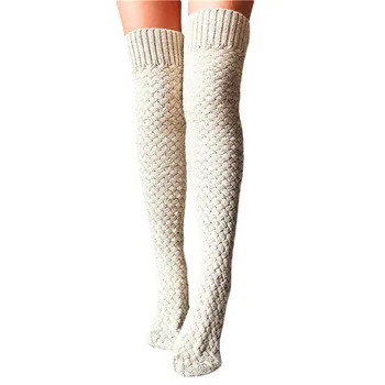 1 Çift Kadınlar Örme Uyluk Yüksek Çorap Düz Renk diz üstü çorap Örgü Çorap Bahar Kış Giyim Aksesuarları 2