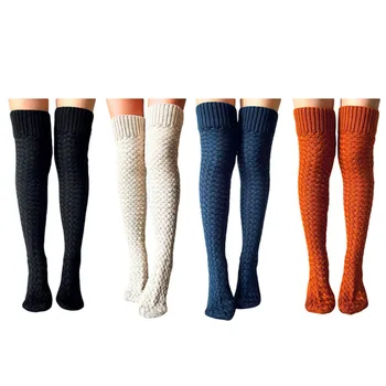 1 Çift Kadınlar Örme Uyluk Yüksek Çorap Düz Renk diz üstü çorap Örgü Çorap Bahar Kış Giyim Aksesuarları 4
