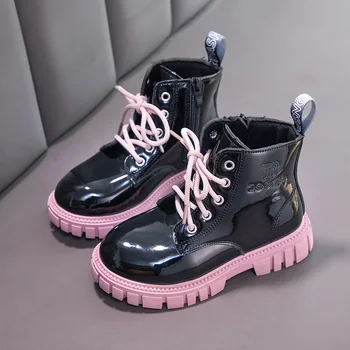 Sonbahar Kış Çocuk Patent Deri Yüksek Top Ayak Bileği Ayakkabı Bebek Kız Erkek Toddler Platformu Tek Kare Topuk Çizmeler 6-14Y