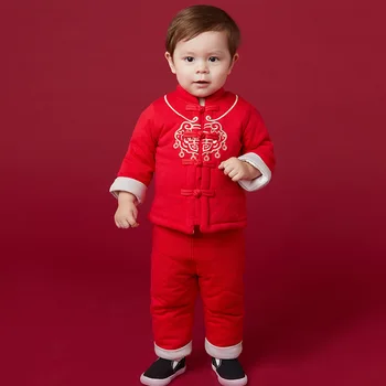 Kış Sıcak Çocuk Çin Tarzı Giyim Erkek Çocuklar Yeni Yıl Kıyafetleri Antik Pamuk Mont Pantolon Bebek Yenidoğan Kırmızı Tang Takım Seti