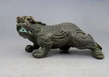 Çin eski bronz bakır Feng Shui Foo Köpekler Aslan Pi xiu Heykel Heykeli