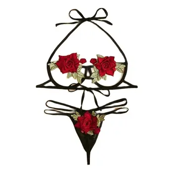 Seksi Gül Çiçek iç çamaşırı seti Kadın Siyah Sutyen ve Kısa Setleri Erotik Kostümleri Lenceria Şehvetli Mujer