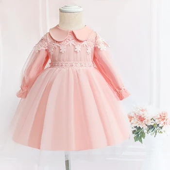 Pembe Dantel Bebek Vaftiz Elbise Uzun Kollu 1st Doğum Günü Kız Parti Prenses Balo Elbise Bebek Kız Vaftiz Bebek Elbise Düğün