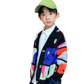 Genç Erkek Giysileri Renkli Baskı Hırka Kazak Bahar Sonbahar Yeni Moda Örme Uzun Kollu Ceket V Yaka Rahat Üst 4-14Y