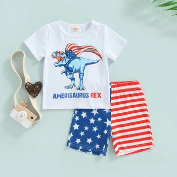 Toddler Erkek Bebek yaz giysileri Set Kısa Kollu Ekip Boyun Karikatür Dinozor Baskı Üstleri + Yıldız Şerit Şort Kıyafet