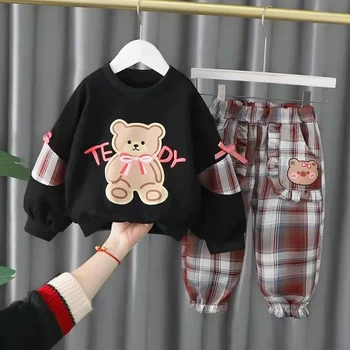 Çocuk Kız Rahat Giyim Kıyafet Bahar Sonbahar Bebek Bebek Kız Giysileri Uzun Kollu Karikatür Ayı Kazak + Ekose Baskı Pantolon 0